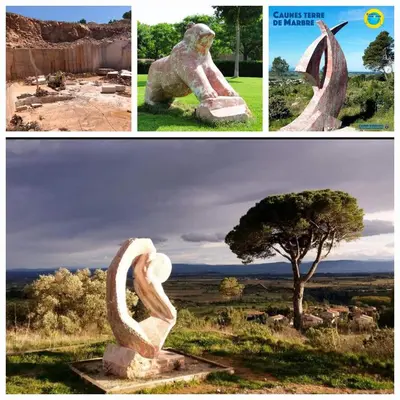 a collage of pictures of a statue of a bear and a tree at Villa au calme, tout confort clim piscine wifi 7 personnes in Caunes-Minervois