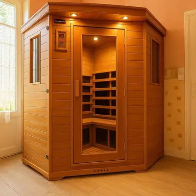 a wooden cabinet with a glass door in a room at Grande maison proche Carcassonne 10 p piscine spa sauna Le Grand Chalet Bellevue in Cavanac