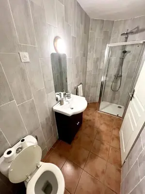 a bathroom with a toilet and a sink and a shower at Chambre de la bastide 102 in Carcassone