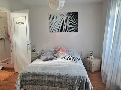 a bedroom with a bed with a zebra picture on the wall at Ma Zénitude in Palaja