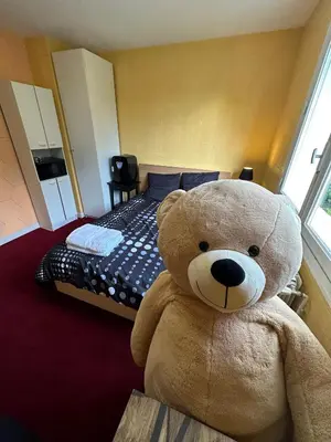 a room with a wall with a door and a refrigerator at Hotel Castres Chambre Simple in Castres