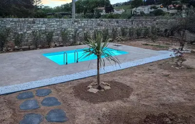 a palm tree in a yard next to a swimming pool at 4 Bedroom Gorgeous Home In Tournissan in Tournissan