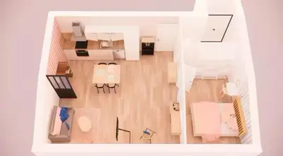 a rendering of a kitchen and a living room at Le grand Castel in Castelnaudary