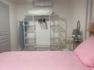 a bedroom with a pink bed and a book shelf at Le grand Castel in Castelnaudary