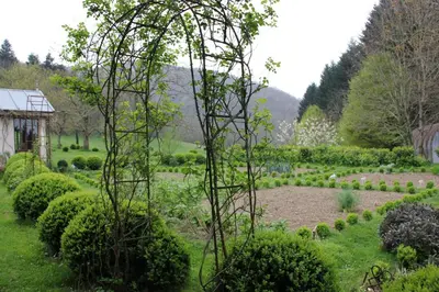 a garden with a tree in the middle at La Hulotte in Mazamet