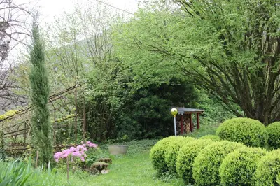 a garden with bushes and a fence and trees at La Hulotte in Mazamet