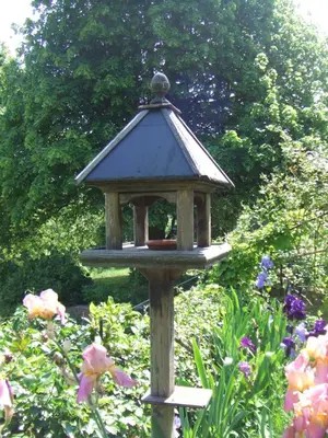 a bird feeder in a garden with flowers at La Hulotte in Mazamet
