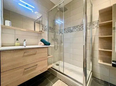 a bathroom with a shower and a sink and a glass shower stall at 147 - Vue Cité Médiévale et Parking in Carcassonne