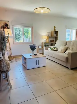 a living room with a couch and a table at T2 refait à neuf Calme et agréable in Narbonne