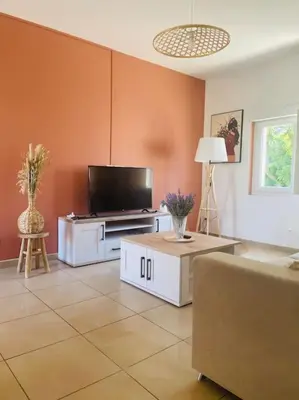 a living room with a tv and a couch at T2 refait à neuf Calme et agréable in Narbonne