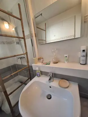 a bathroom with a white sink and a mirror at Appartement central avec parking in Carcassone