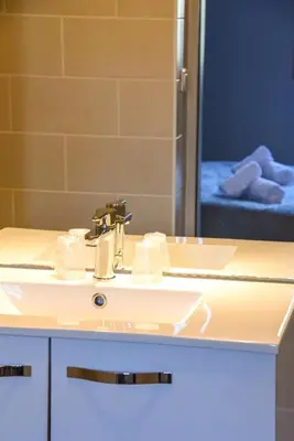 a bathroom with a sink and a mirror at Hôtel du vieux pont in Mazères