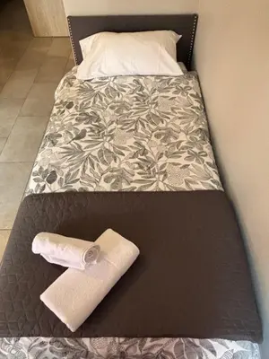 a bed with a rolled up towel on it at Hôtel du vieux pont in Mazères