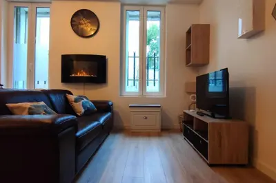 a living room with a black leather couch and a tv at T2 Cosy - Proche place Verdun in Castelnaudary