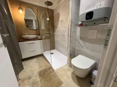 a bathroom with a toilet and a shower and a sink at Le Merveilleux Voyage, Clim in Carcassonne