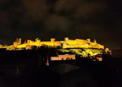 a view of a castle from the roofs of houses at Appartement climatisé avec vue sur la cité in Carcassonne