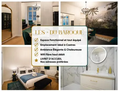 a collage of photos of a room with a bathroom at Le Baroque - Grand T2 Confort, Lit Queen Size in Castres