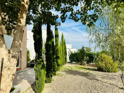 a row of trees in front of a house at Moderne Mini Maison - Quartier Résidentiel Calme in Lézignan-Corbières
