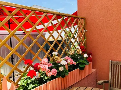 a bunch of flowers in a flower box on a fence at Moderne Mini Maison - Quartier Résidentiel Calme in Lézignan-Corbières