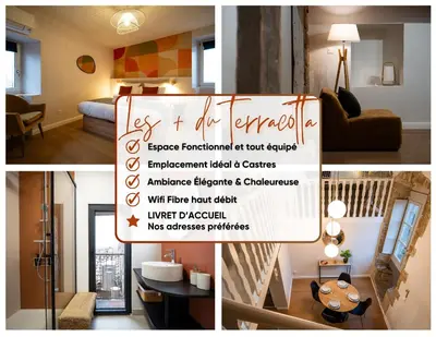 a collage of photos of a room with a sign at Le Terracotta - Grand Triplex Confort & Chaleureux in Castres
