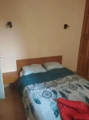 a bedroom with a bed and two pillows on it at Agréable maison au bord de la rivière in Campagne-sur-Aude