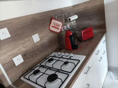 a kitchen counter with a stove and a red blender at Chez Sabine La Campagne in Narbonne