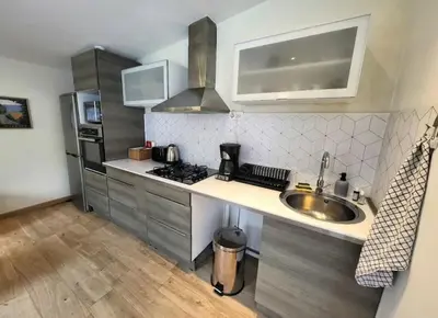 a kitchen with a sink and a stove at Maisonnette indépendante 48m2 , parking privé, calme & confort in Lagarrigue