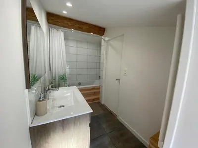 a bathroom with a sink and a mirror and a tub at Charmant appartement centre ville de Castres in Castres