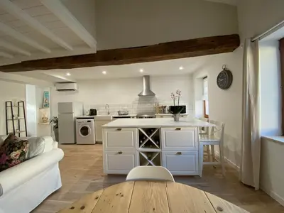 a kitchen and living room with a table and a couch at Charmant appartement centre ville de Castres in Castres
