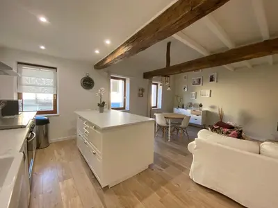 a kitchen and living room with a couch and a table at Charmant appartement centre ville de Castres in Castres