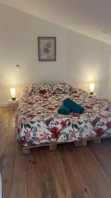 a bedroom with a bed with a floral bedspread and two lamps at Charmant appartement centre ville de Castres in Castres