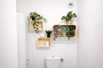 a bathroom with a toilet with plants on the wall at Terrasse Privée - 4 Voyageurs - Proche Cité de Carcassonne in Carcassonne