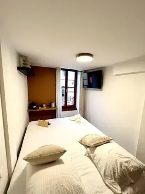 a bedroom with a white bed with two pillows at Les chambres de la bastide - 204 in Carcassonne