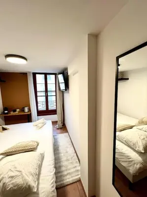 a bedroom with two beds and a mirror at Les chambres de la bastide - 204 in Carcassonne