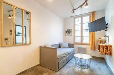 a living room with a couch and a table at Le Cocon Coloré in Carcassonne