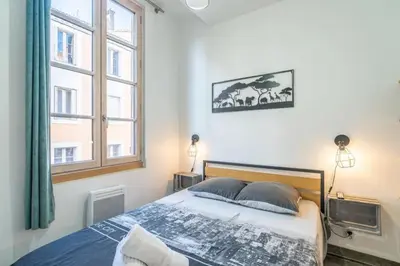 a bedroom with a bed and a window at Le Cocon Coloré in Carcassonne