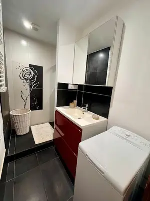 a small bathroom with a white sink and a mirror at La Maison de Sainte-Eulalie in Roubia