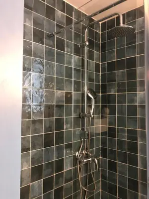 a shower in a bathroom with black tiles at Ancienne maison de pêcheurs in Port-la-Nouvelle