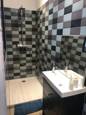 a bathroom with a shower and a sink and a shower at Vignerone atypique proche du canal du midi à 30 min des plages in Capestang