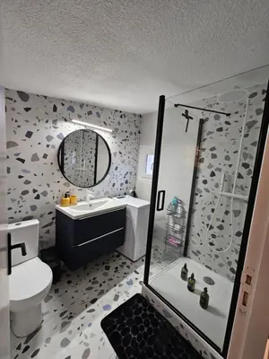a bathroom with a shower and a toilet and a sink at Appartement proche des Halles in Narbonne