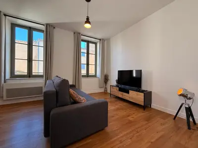 a living room with a couch and a television at L'Ébène - Wifi - Proche des Halles et du centre ville in Narbonne