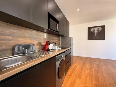 a kitchen with a sink and a washing machine at L'Ébène - Wifi - Proche des Halles et du centre ville in Narbonne