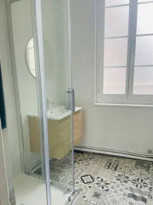 a bathroom with a shower and a sink and a mirror at Le Borel I in Castres