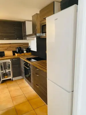 a kitchen with a white refrigerator and wooden cabinets at Maison T3 avec jardin in Narbonne