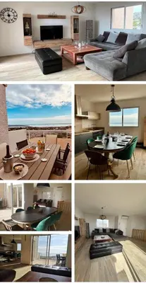 a collage of photos of a living room and dining room at Villa Karma in Fitou