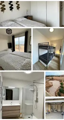 a collage of four pictures of a bedroom at Villa Karma in Fitou