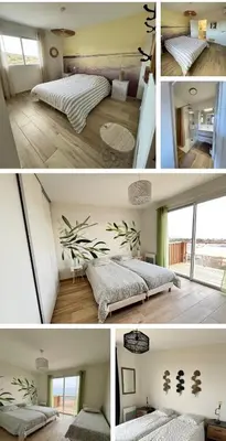 two pictures of a bedroom with two beds in it at Villa Karma in Fitou