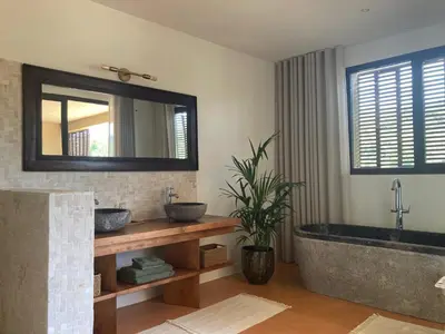 a bathroom with a large tub and a mirror at Louis Henry in Saint-Pierre-des-Champs