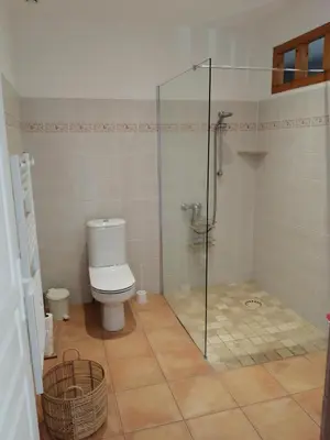 a bathroom with a toilet and a glass shower at GITE CHEZ JULES ET ODETTE in Comigne