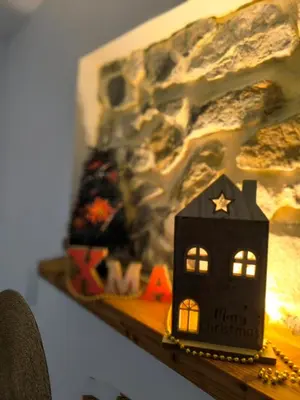 a toy house sitting on a shelf next to a painting at agréable studio in Narbonne